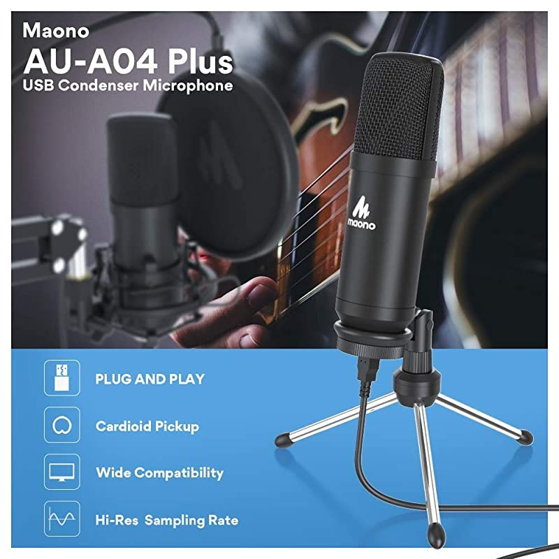 USB Microphone  AU-A04 Plus Cardioid Condenser Podcast Mic 192kHz/24bit Plug and Play, Provide Two Mic Holders for Livestreaming, Voice Over, YouTube, Gaming, ASMR