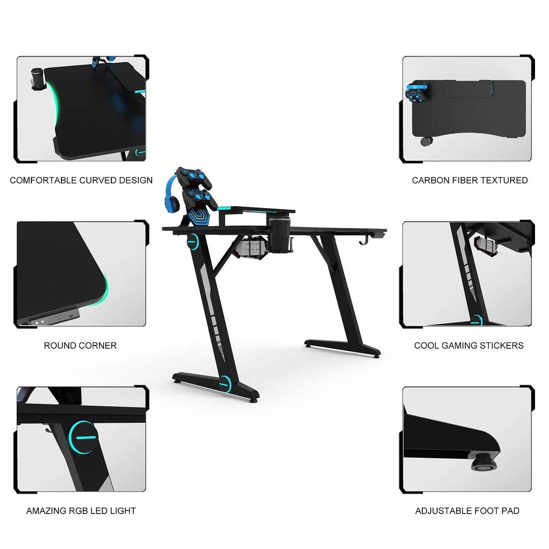 Z-shaped Game Table with Monitor Stand & RGB Light & Cup Holder & Headphone Hook & Plug board Holder, Size: 47.24x23.62x30 inch