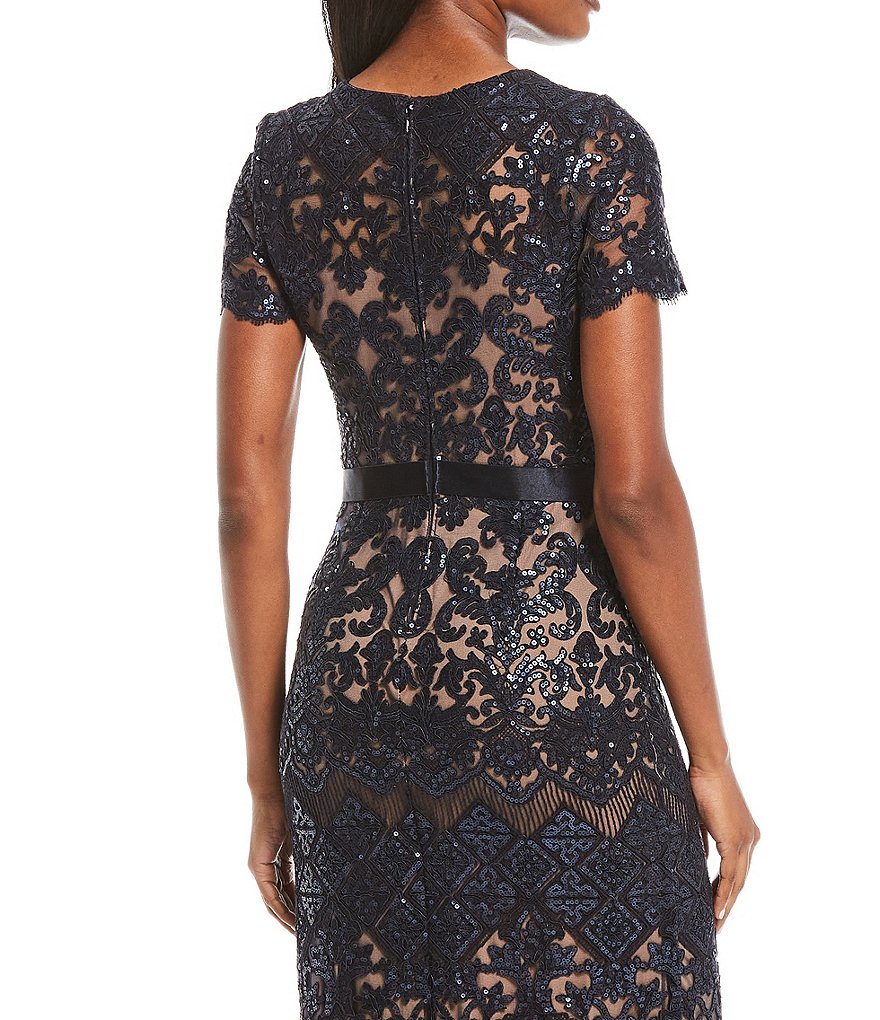 Tadashi Shoji Illusion Crew Neck Short Sleeve Ribbon Waist Sequin Lace Gown