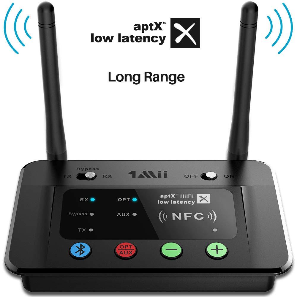 1Mii B03 Long Range Bluetooth 4.2 Transmitter Receiver Bluetooth Audio Adapter Bluetooth Transmitter, aptX Low Latency & HiFi Sound, Optical RCA AUX 3.5mm for TV PC Home Stereo