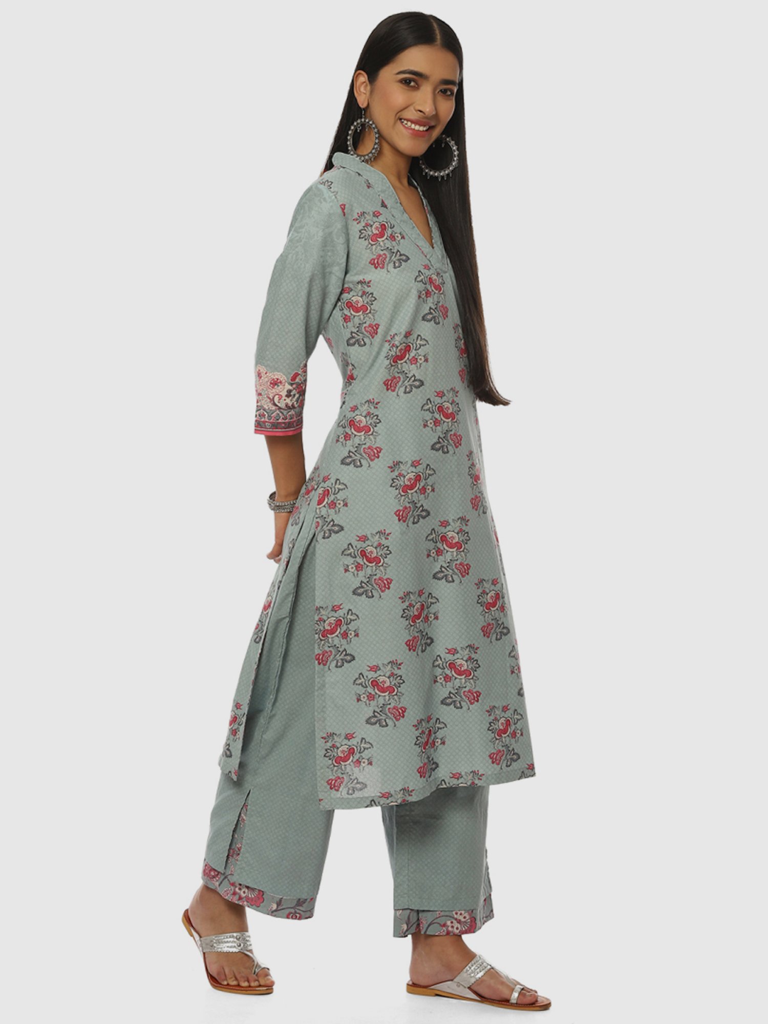 Biba Blue Cotton Printed Kurta Palazzo Set With Dupatta