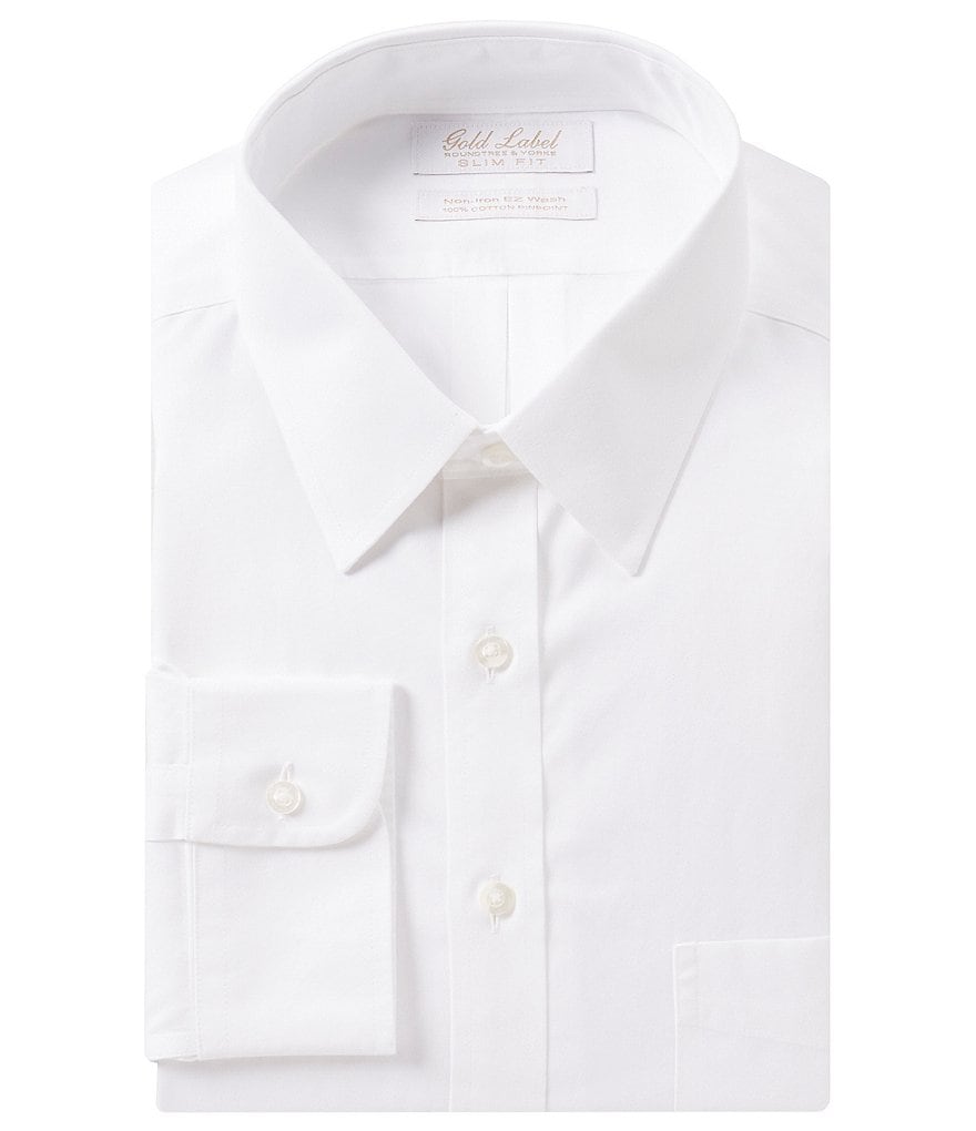 Gold Label Roundtree & Yorke Solid Non-Iron Fitted Point-Collar Dress Shirt with French Cuffs