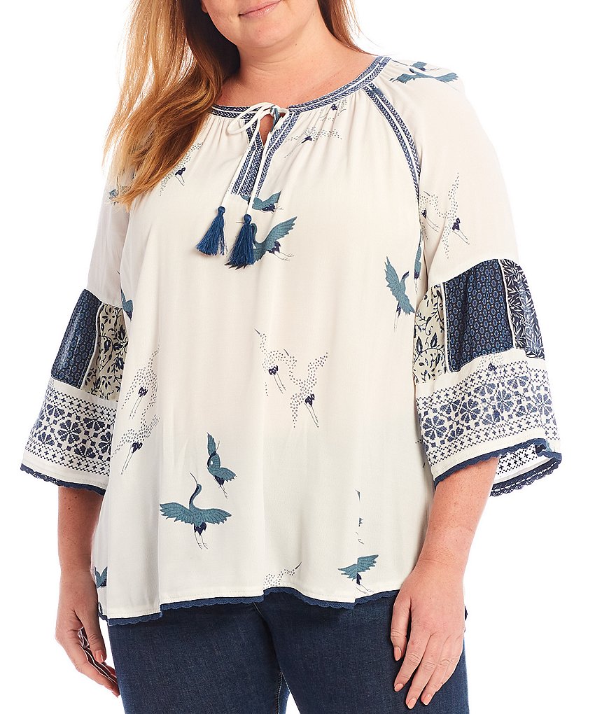 John Mark Plus Size Bird Print Tassel Tie Split Round Neck Embroidered 3/4 Sleeve Tunic
