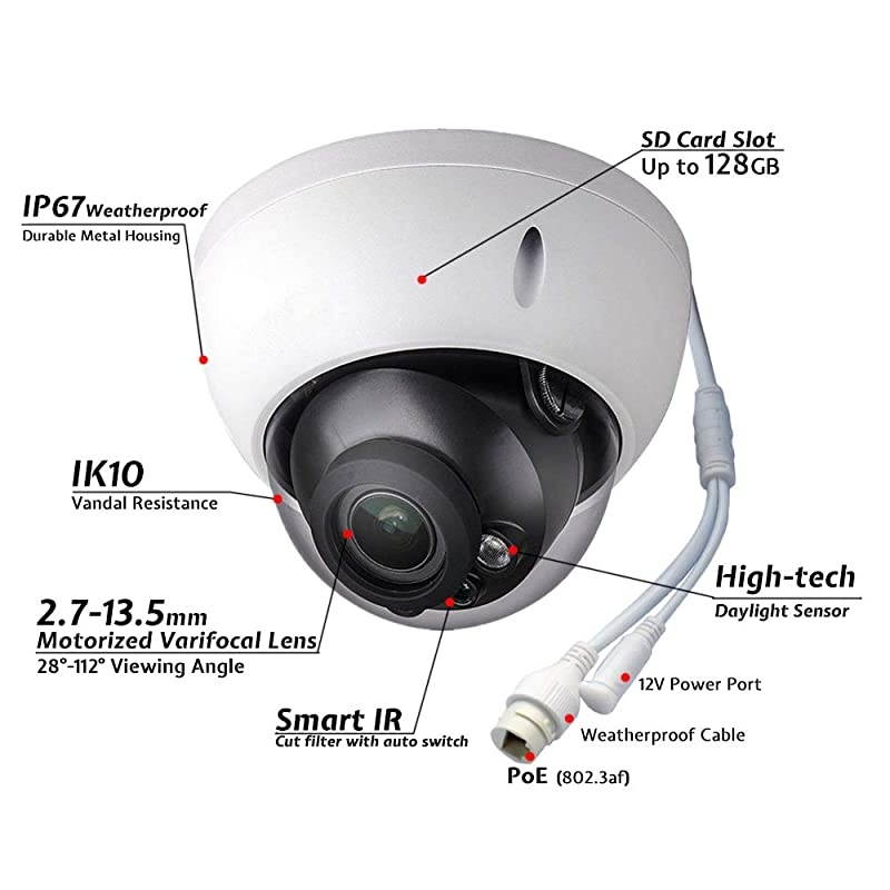 Outdoor POE IP Camera IPCHDBW4433RZS 27135mm Motorized Varifocal Lens 5X Optical Zoom Dome Security Camera with IR 164ft Night Vision Smart H265+ WDR SD Card Slot IVS ONVIF IP67 IK10
