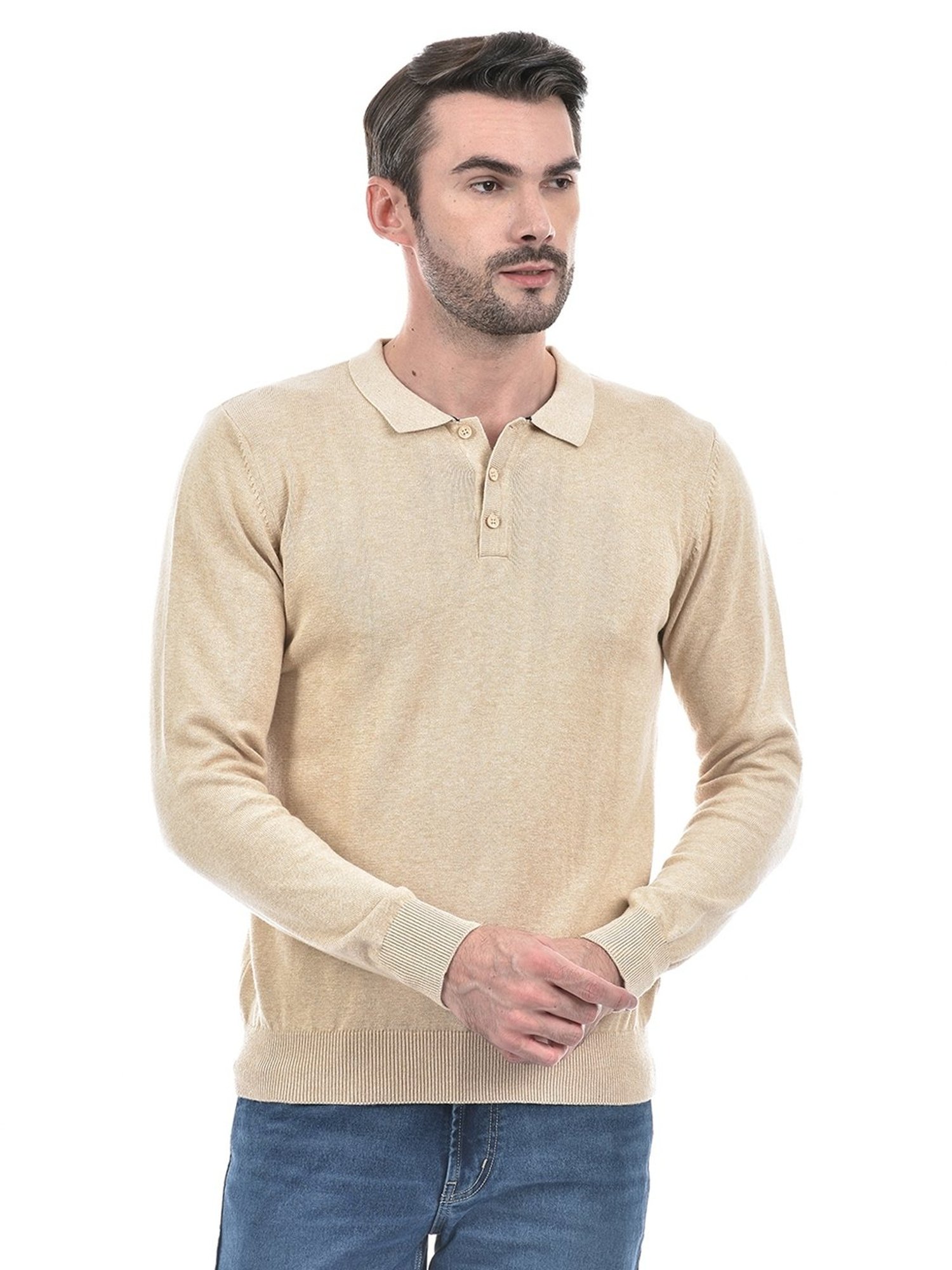 Numero Uno Beige Cotton Regular Fit Texture Polo T-Shirt