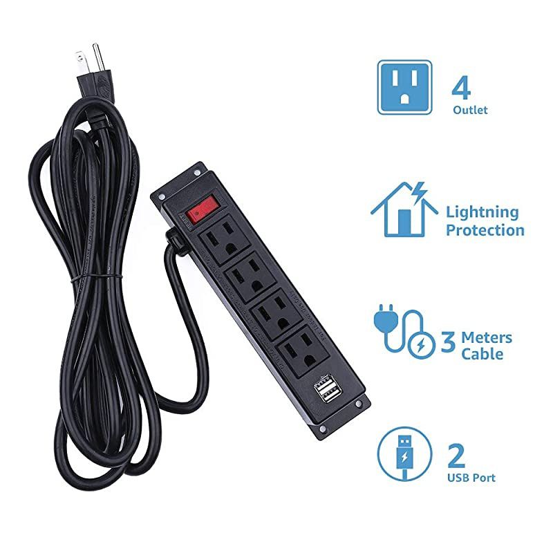 Power Strip with USB 4 Outlets 2 USB Ports 10 ft Heavy Duty Surge Extension Cord Wall Mountable The Desk Table Workbench Nightstand