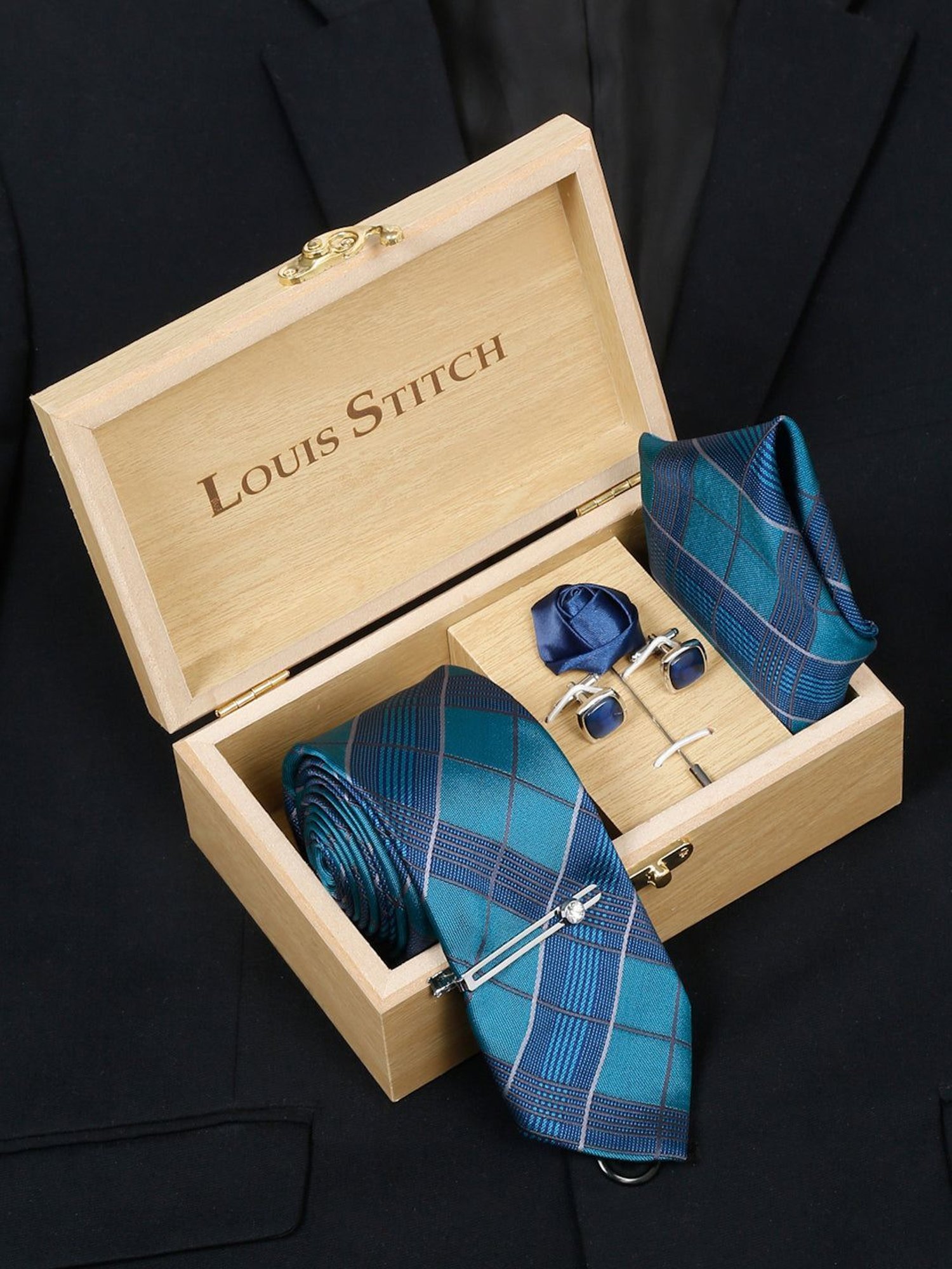 Louis Stitch Blue Printed Necktie Gift Set - Set of 3