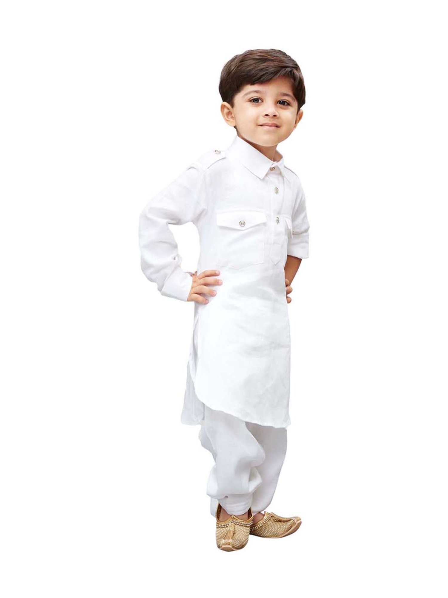 VASTRAMAY Kids White Cotton Pathani Kurta Set