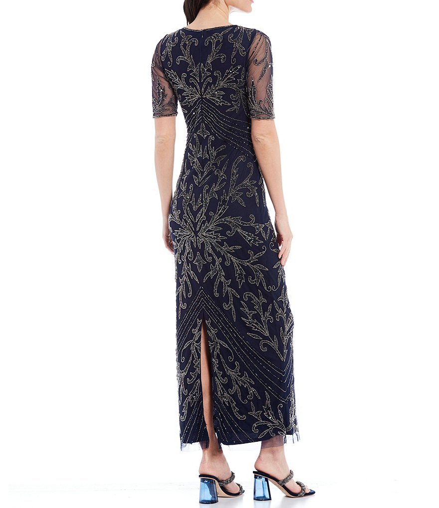 Pisarro Nights Short Sleeve Beaded Mesh Gown