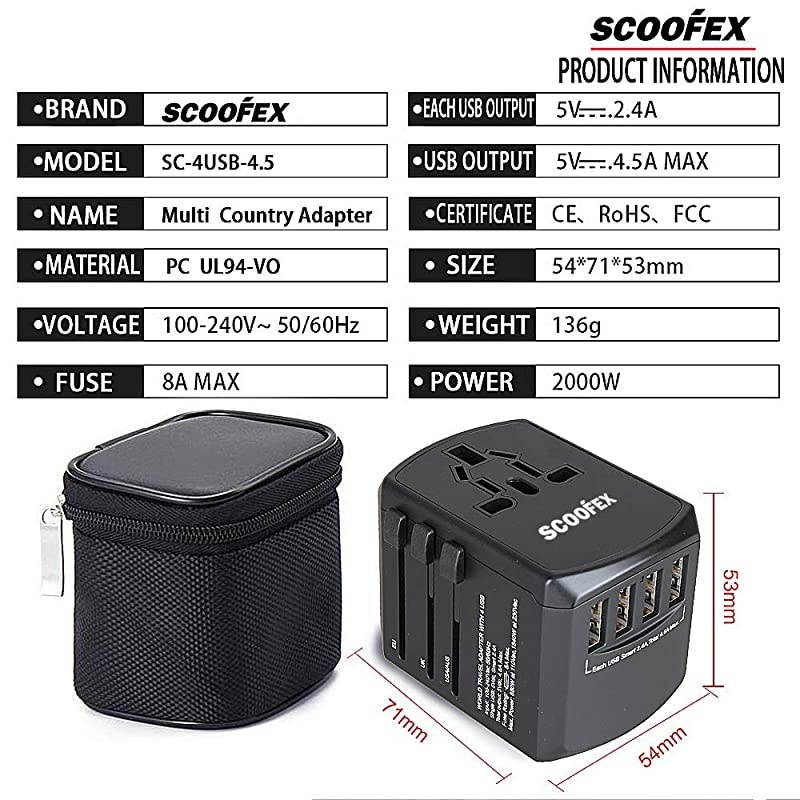 Travel Adapter International Power Adapter Electric Outlet Converters Wall Charger AC Plug with 4 x 24A USB Ports 30A USB TypeC for Canada USA Europe UK AU Asia 150 Countries fo