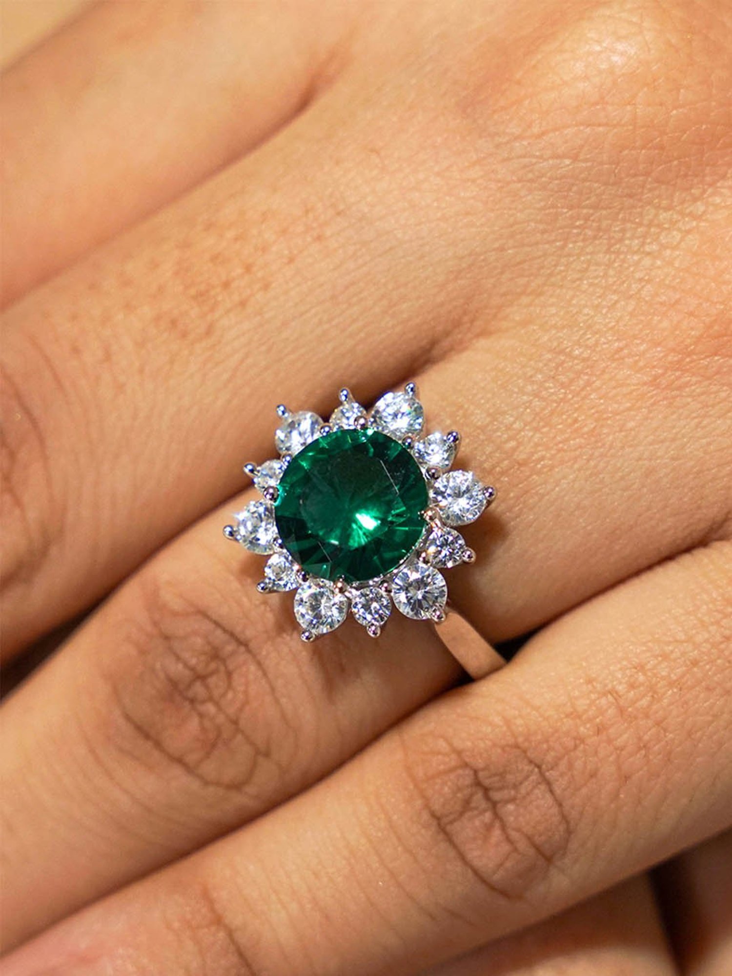 925 Silver Green Emerald and American Diamond Flower Halo Ring for Women & Girls