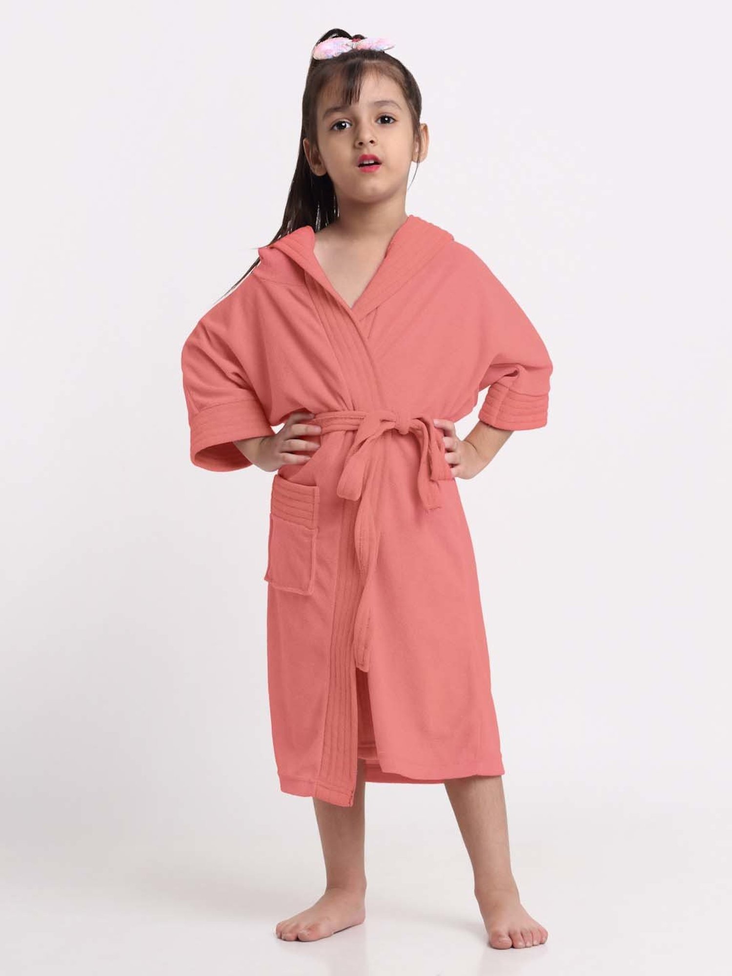 Creeva Melodious Peachy Pink Micro Terry 225 GSM Kids Hooded Bathrobe 4-5 Years With Pocket