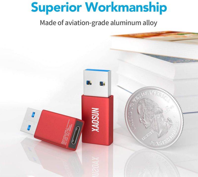 USB C to USB 3.0 Adapter - XAOSUN 3.1 USB C Female to USB Male Adapter - Support One-Sided 10Gbps Data Sync & Fast Charging - Compatible with Laptops PC Chargers [2 Pack]