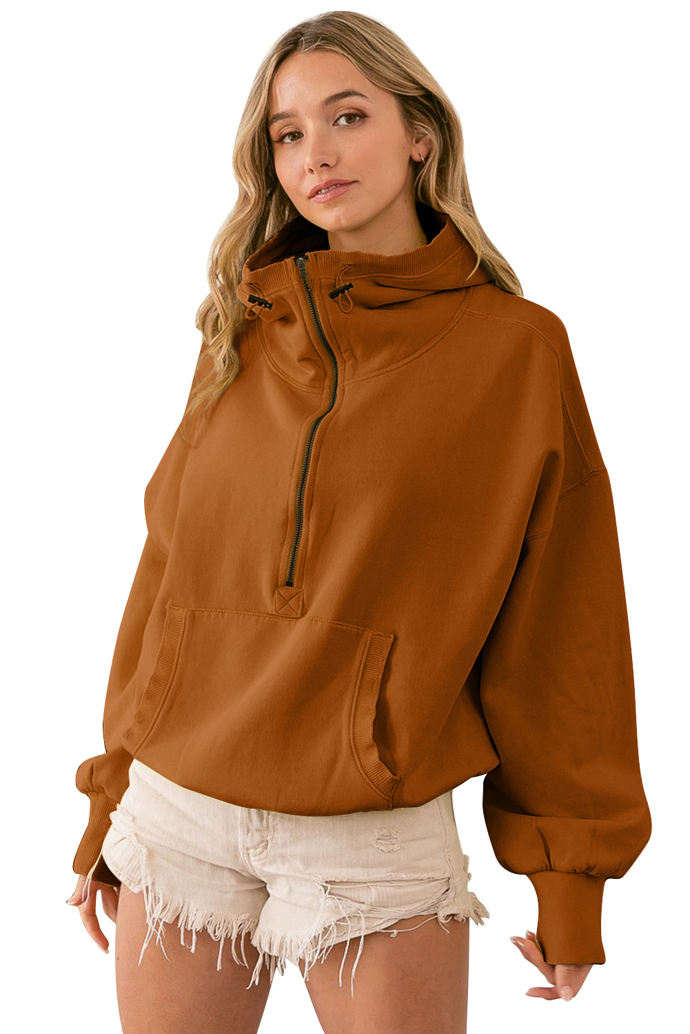 Brown Half Zip Pullover Hoodie with Kangaroo Pocket