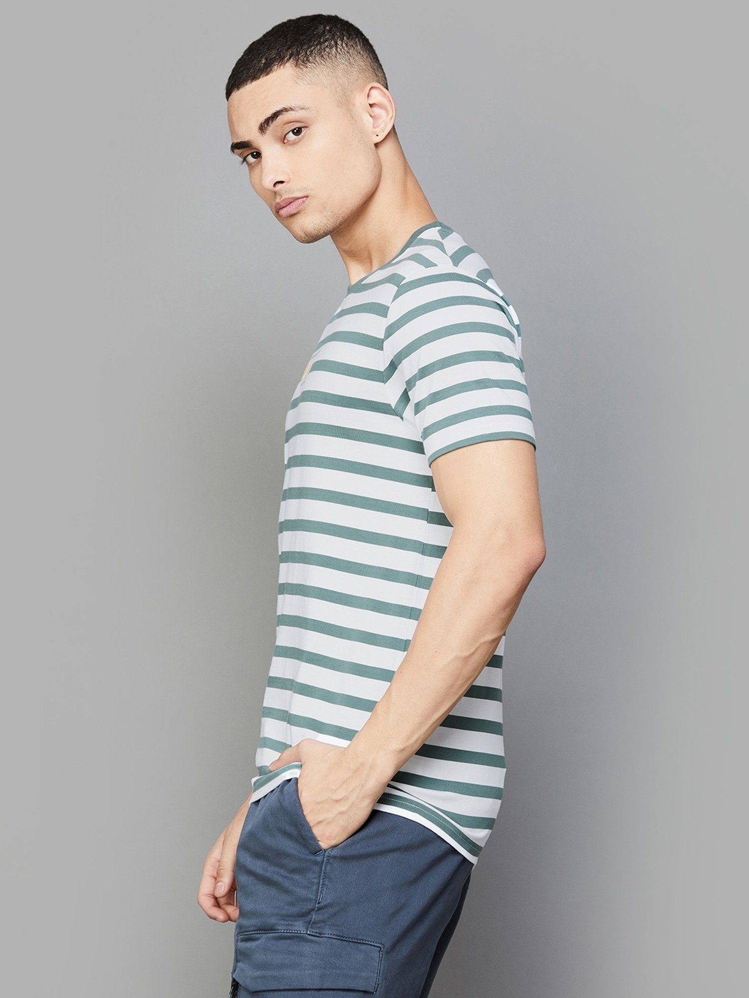 Smileyworld Olive Cotton Regular Fit Striped T-Shirt