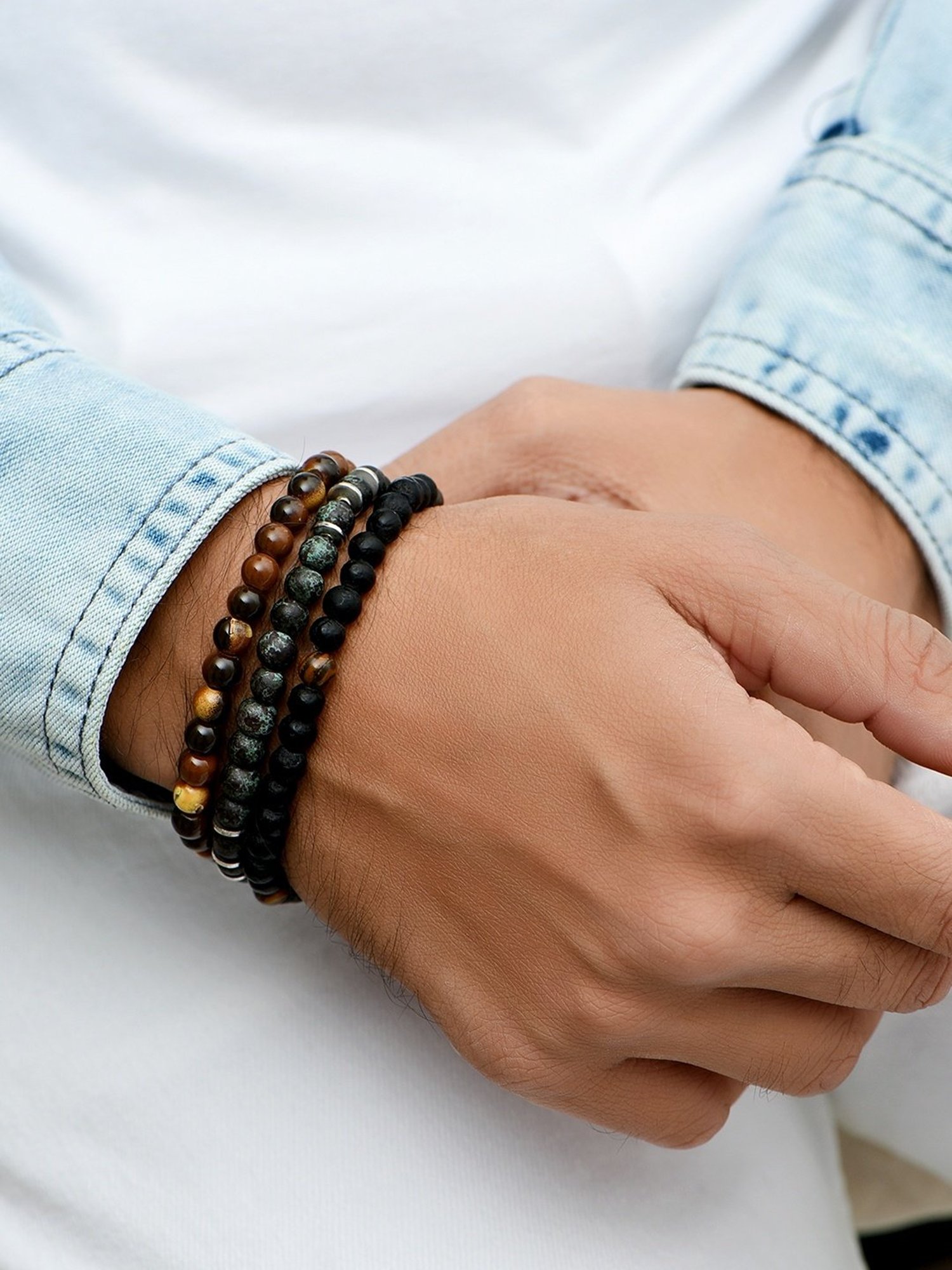 The Bro Code Green & Brown Multi Beads Stretchy Elastic Bracelet for Men - Set of 3