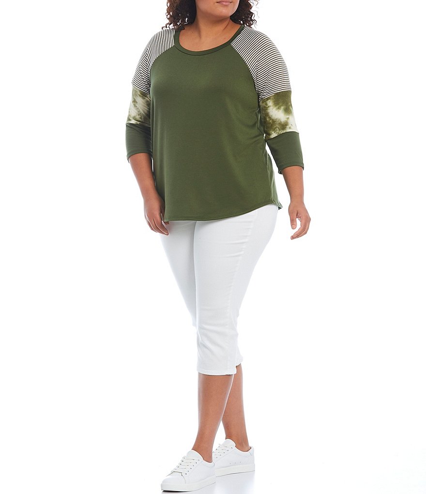 Moa Moa Plus Size Scoop Neck Color Block Printed Raglan 3/4 Sleeve Top