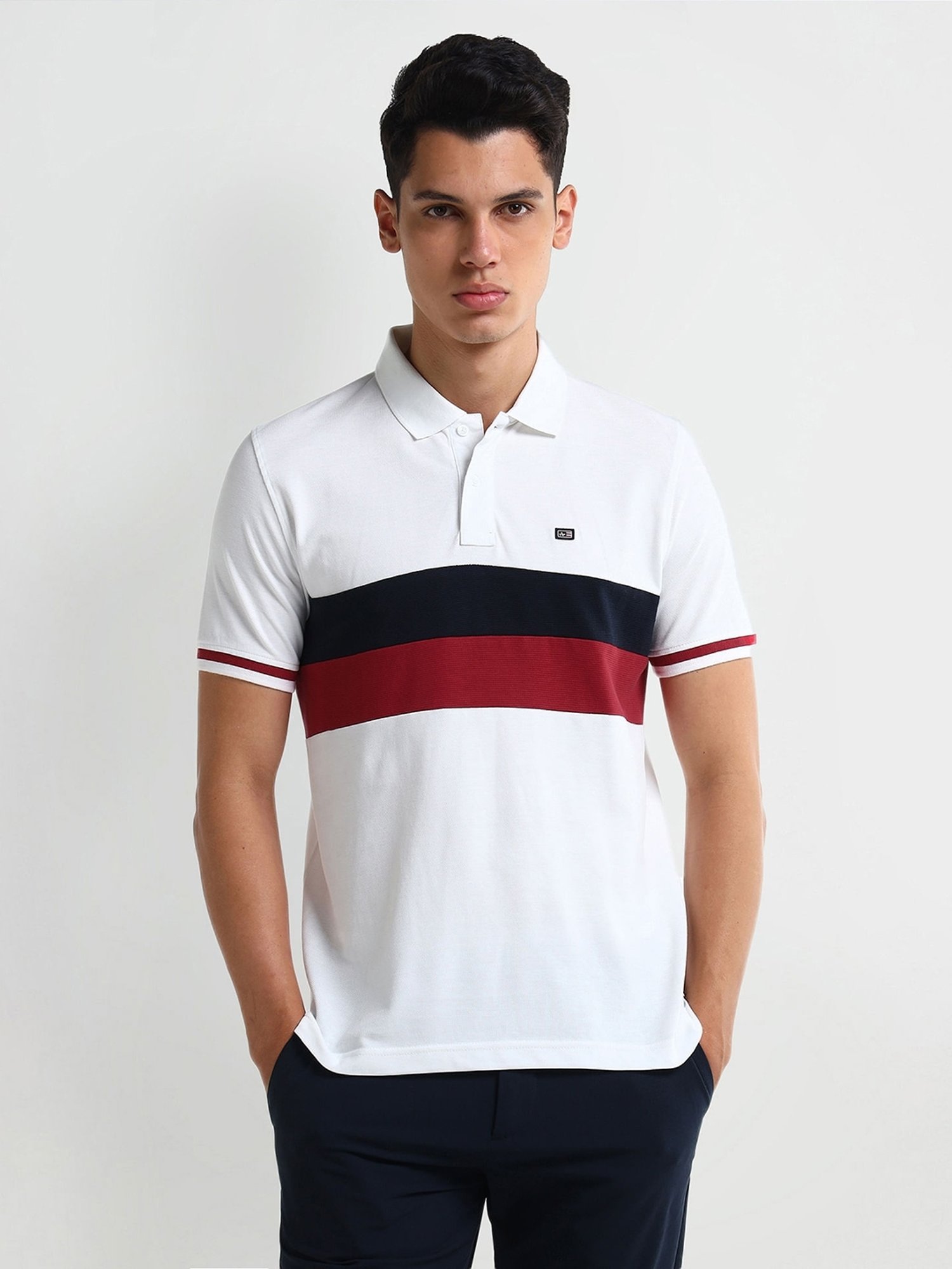 Arrow White Regular fit Stripes Polo T-Shirt