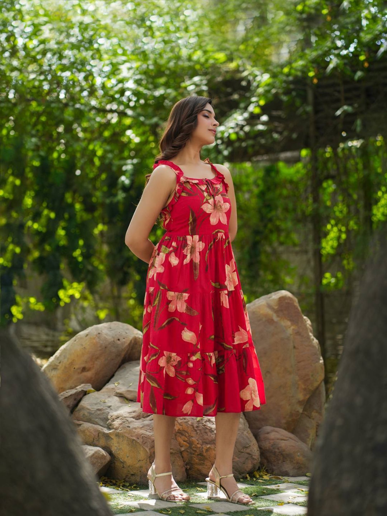 Rain and Rainbow Red Cotton Floral Print A-Line Dress