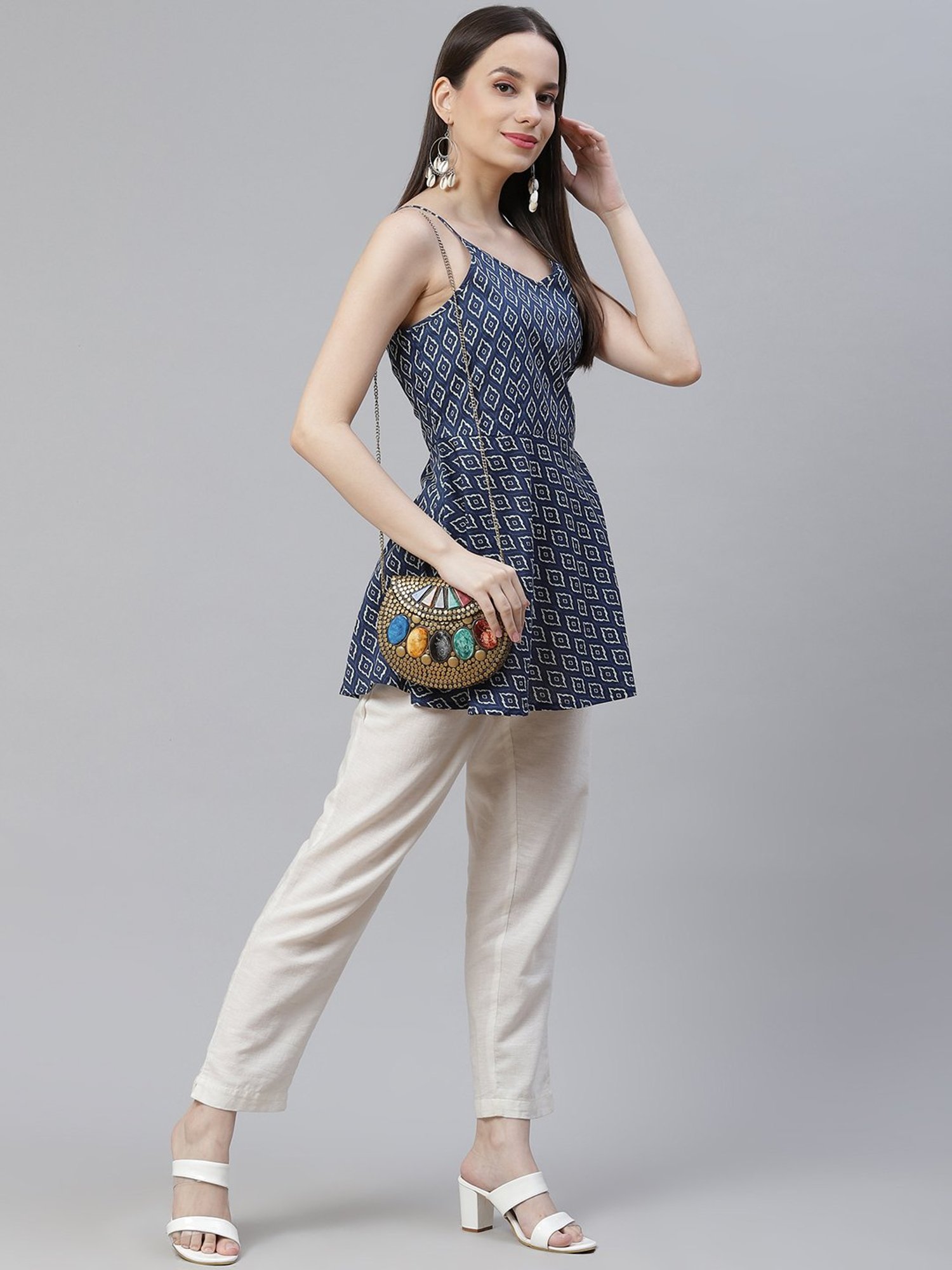 Divena Blue Cotton Printed Top