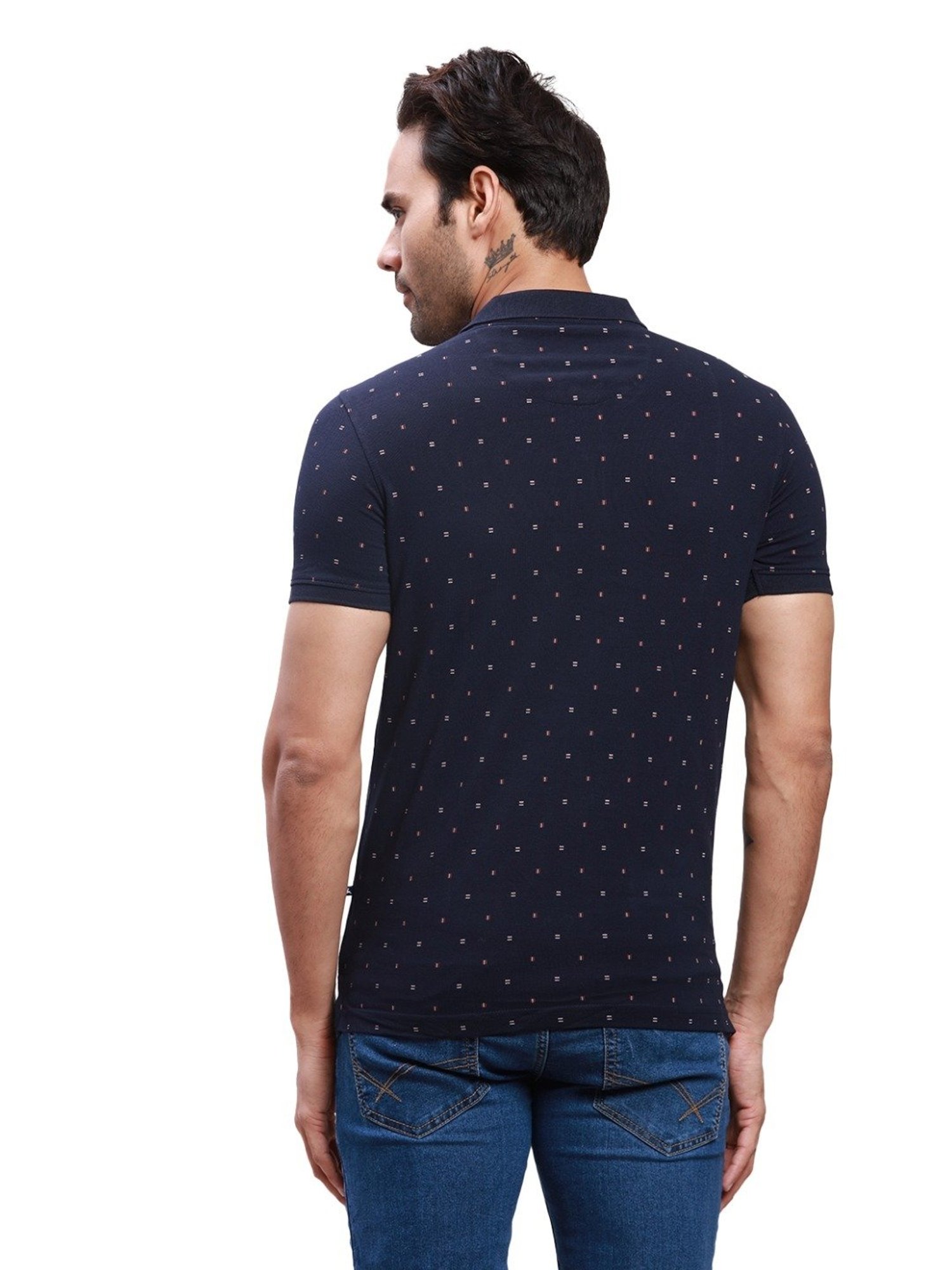 Parx Navy Cotton Regular Fit Printed Polo T-Shirt