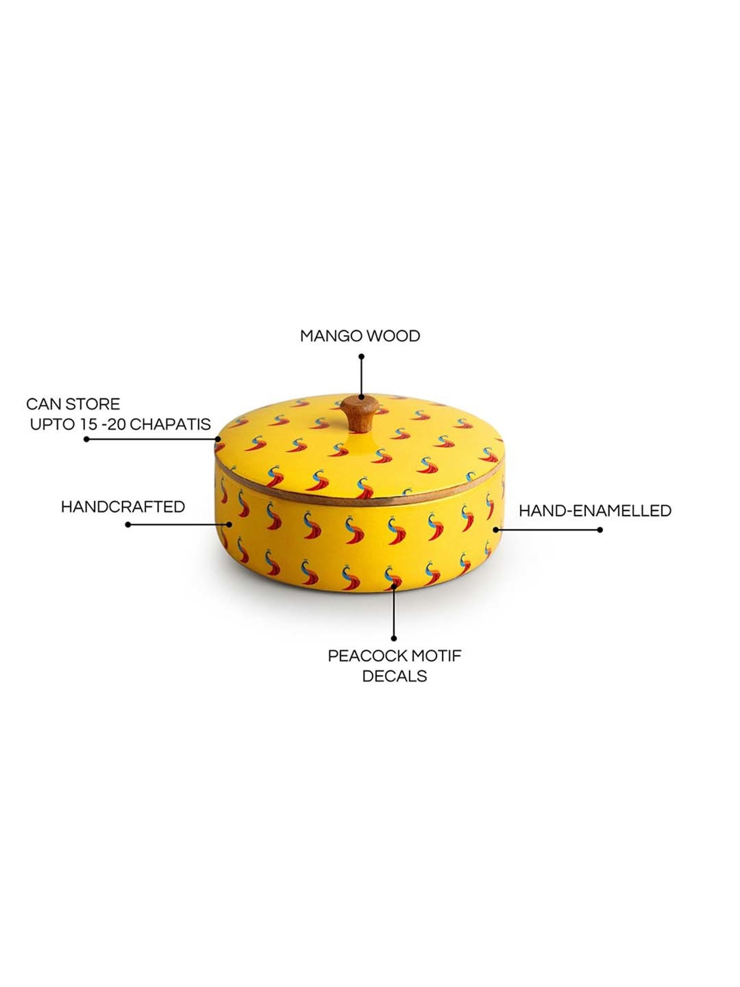 ExclusiveLane Mango Wood Peacocks Hand-Enamelled Casserole Chapati Box With Lid (1.14 L)
