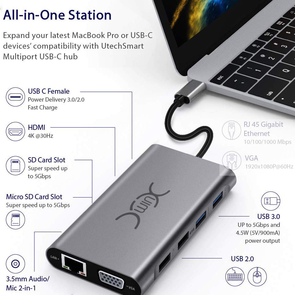 USB C Hub Triple Display 11 in 1 USB C Adapter Docking Station Dual 4K HDMI+VGA 4 USB Ports 100W Power Delivery Ethernet Port SD/TF Card Compatible for MacBook ChromeBook MateBook