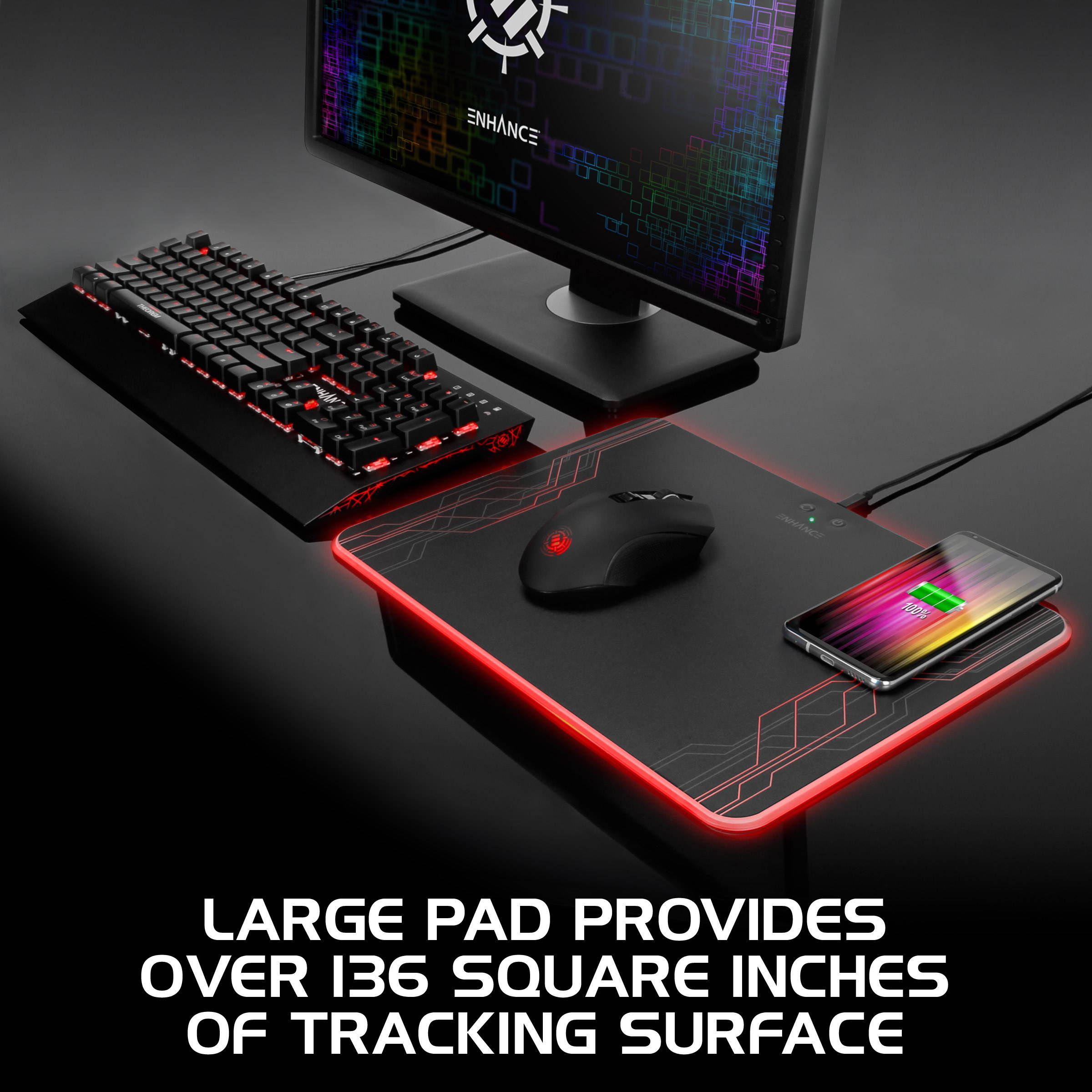 enhance powerup wireless charging led mouse pad + gaming mouse bundle - hard mat with custom lighting & programmable rgb mouse