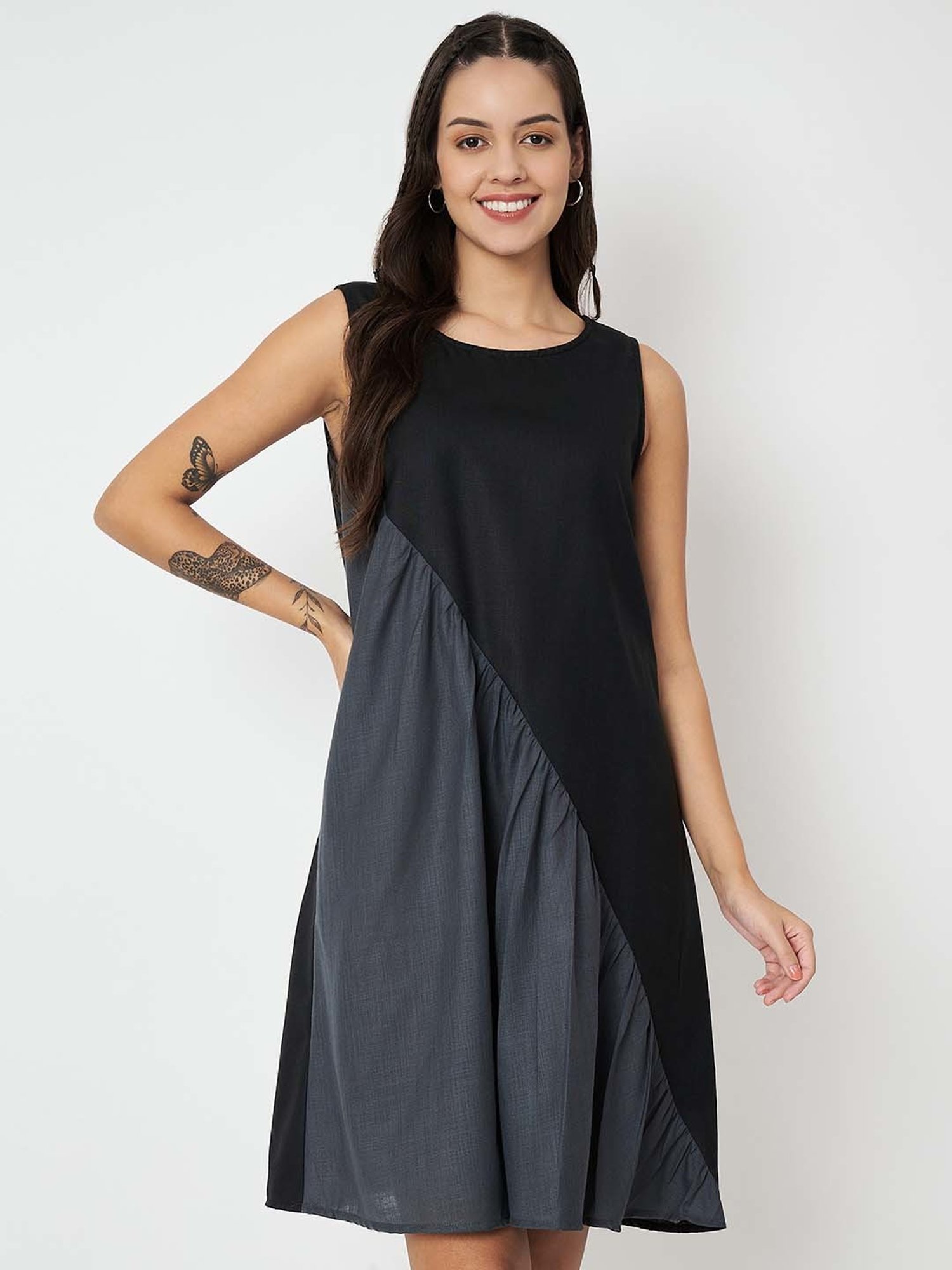 9rasa Black Color-Block A Line Ethnic Dress