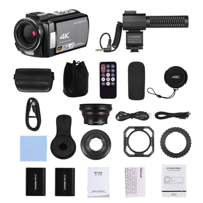 Andoer HDR-AE8 4K WiFi Digital Video Camera Camcorder DV Recorder 30MP 16X Digital Zoom IR Night Vision 3 Inch IPS LCD Touchscreen with 2pcs Rechargeable Batteries + Extra 0.39X Wide Angle Lens +