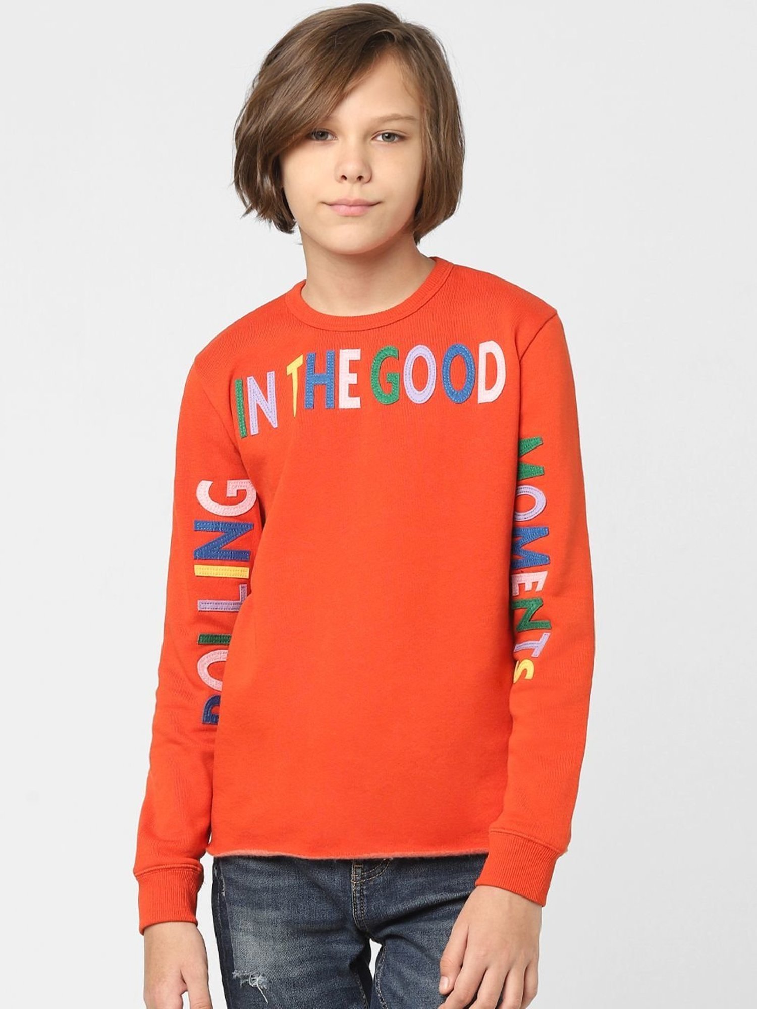 Jack & Jones Junior Orange Cotton Applique Full Sleeves Sweatshirt