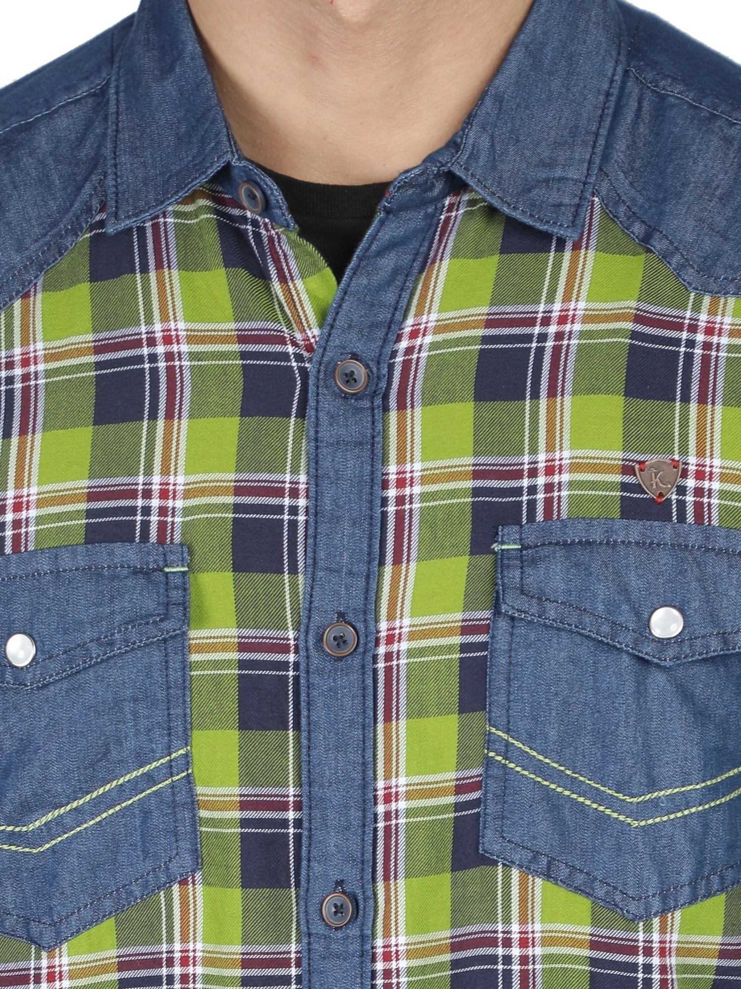 Kuons Avenue Green & Blue Slim Fit Checks Denim Shirt