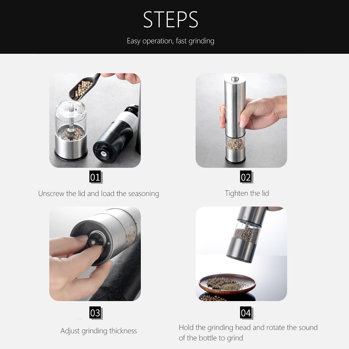 2pcs Electric Pepper Grinder Multi-purpose Stainless Steel Grinder Pepper Mill Tool for Home Kitchen Resturant without Battery (Flat Tip + Pointed Tip)