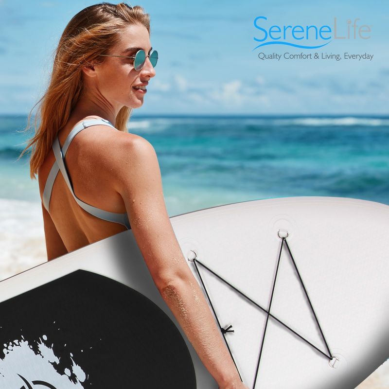 SereneLife 11 Foot Free Flow Inflatable SUP Stand Up Paddle Board Kit with Air Pump, Oar, Carry Bag, and Leash, White