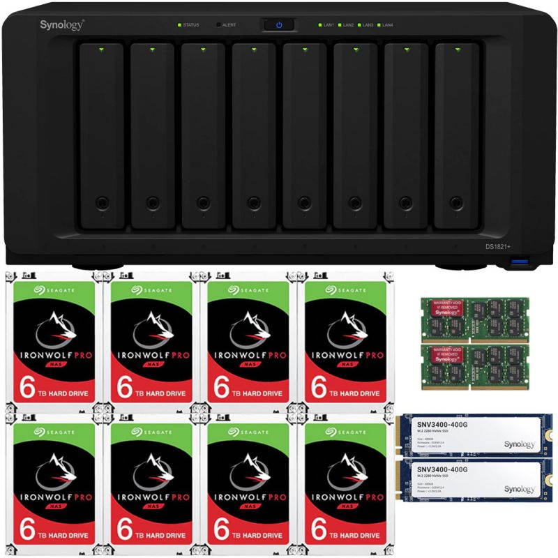 Synology DS1821+ DiskStation with 32GB RAM and 96TB (8 x 12TB) of Seagate Ironwolf PRO NAS Drives and 800GB (2x400GB) NVME Cache Fully Assembled and Tested By CustomTechSales