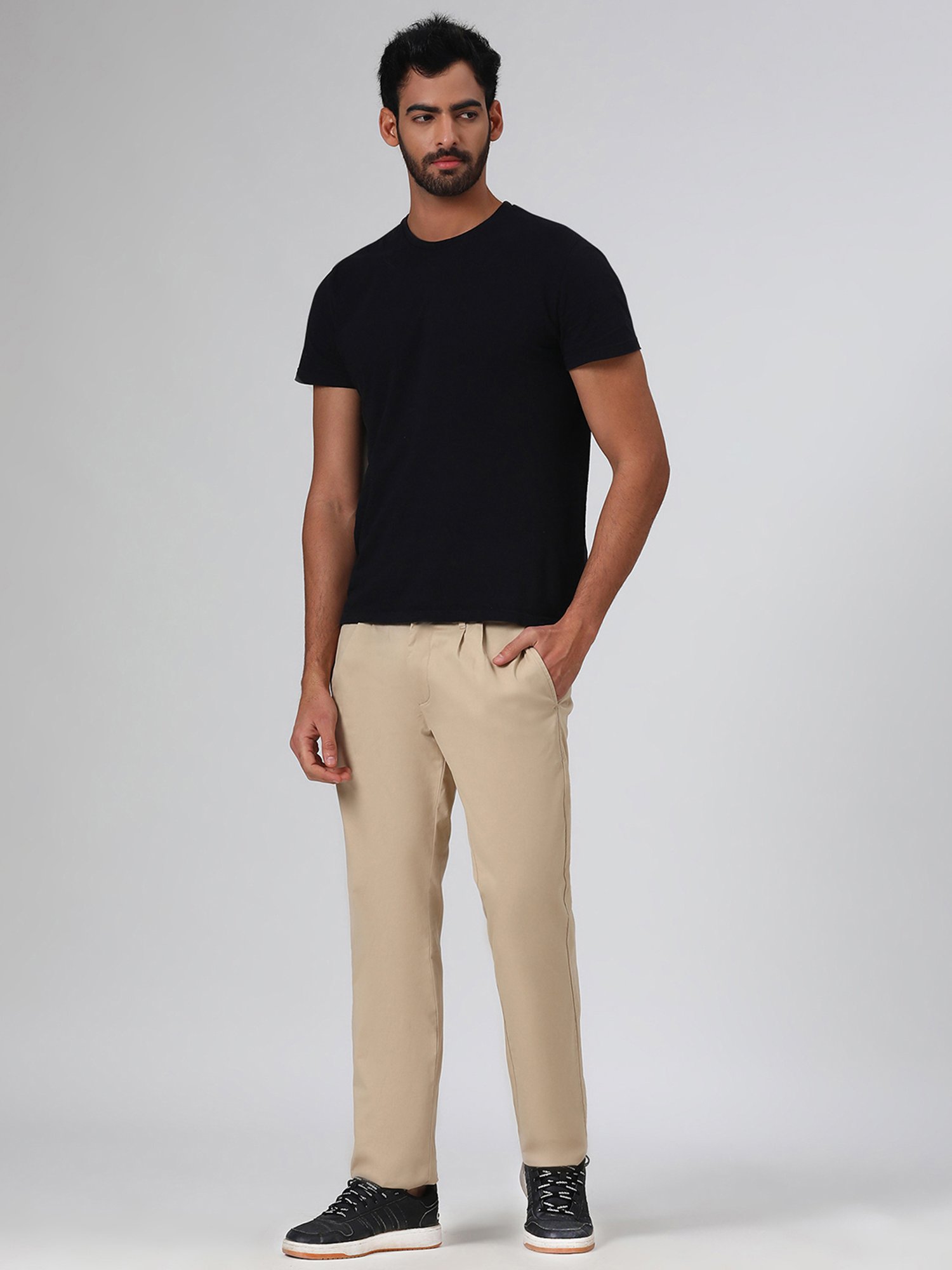 SUBTRACT Beige Regular Fit Pleated Trousers