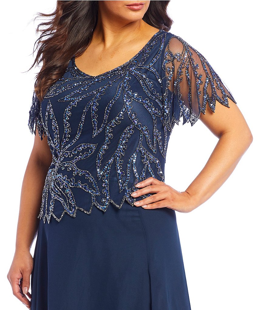 Jkara Plus Size Beaded Short Sleeve V-Neck Long Gown