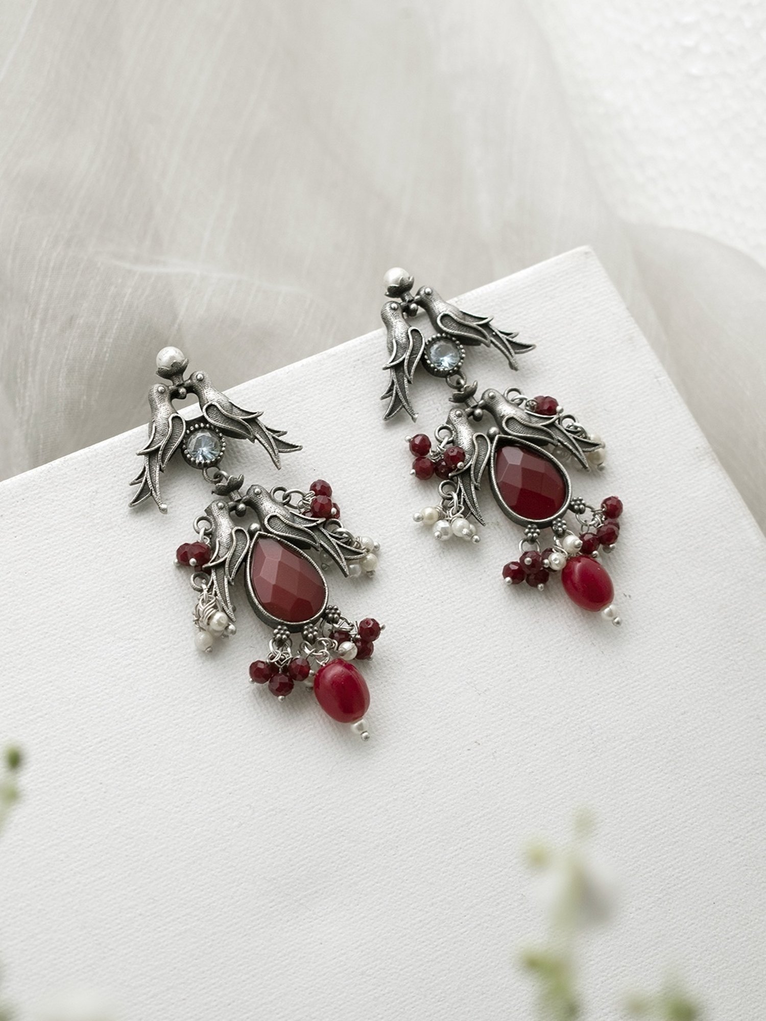 Teejh Ethnic Shyala Red and Silver Oxidized Dangler Earrings