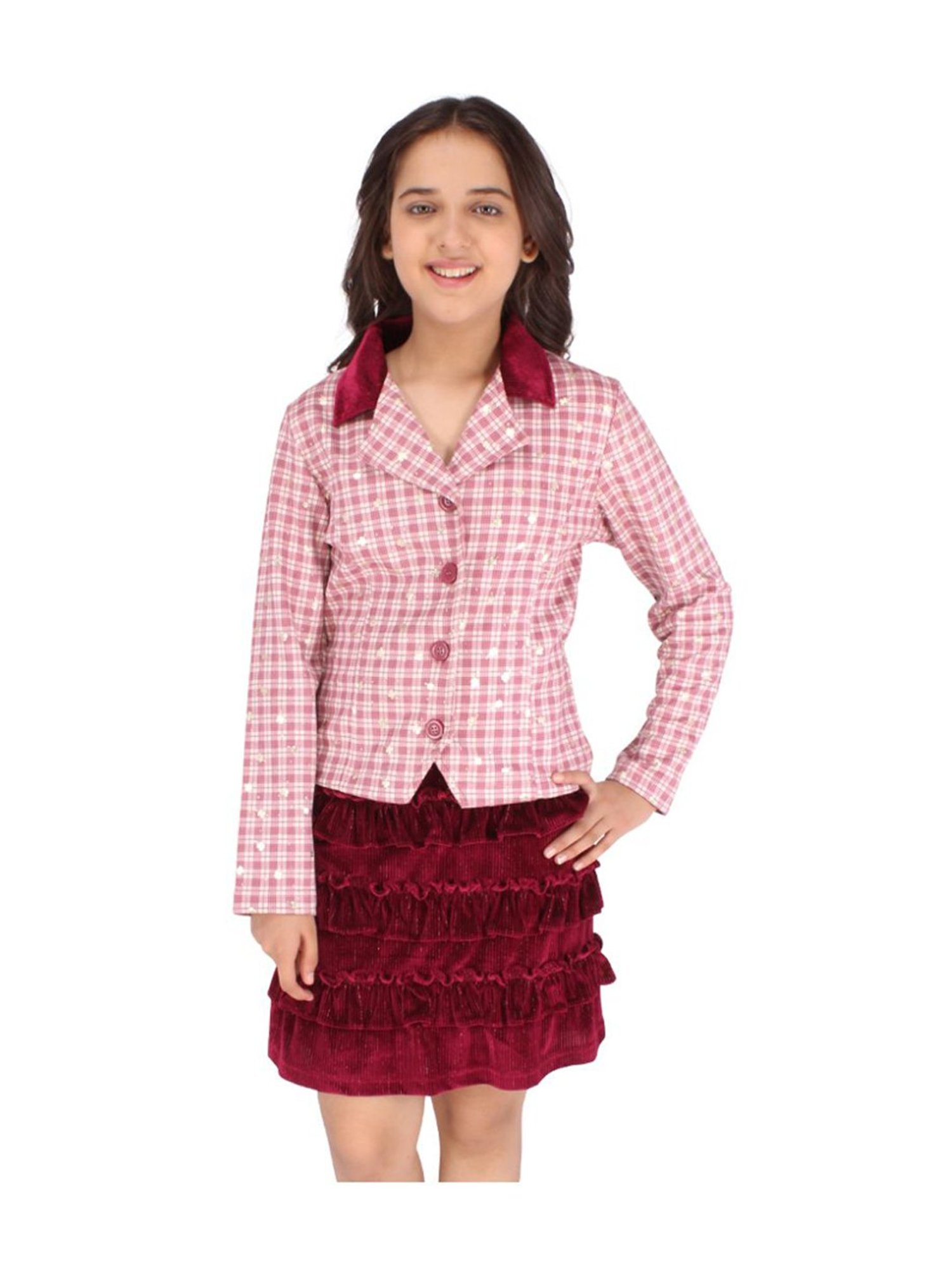 Cutecumber Kids Pink & Maroon Chequered Full Sleeves Dress