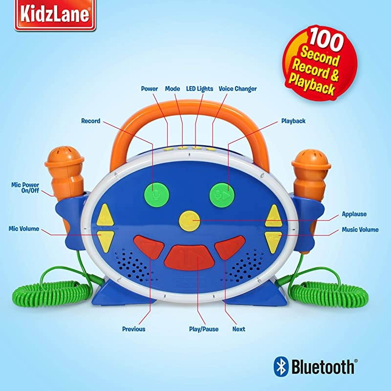 Machine for Kids with 2 Microphones Includes 100 PreLoaded Songs Record Playback Voice Changer and Bluetooth Perfect for Toddlers Up