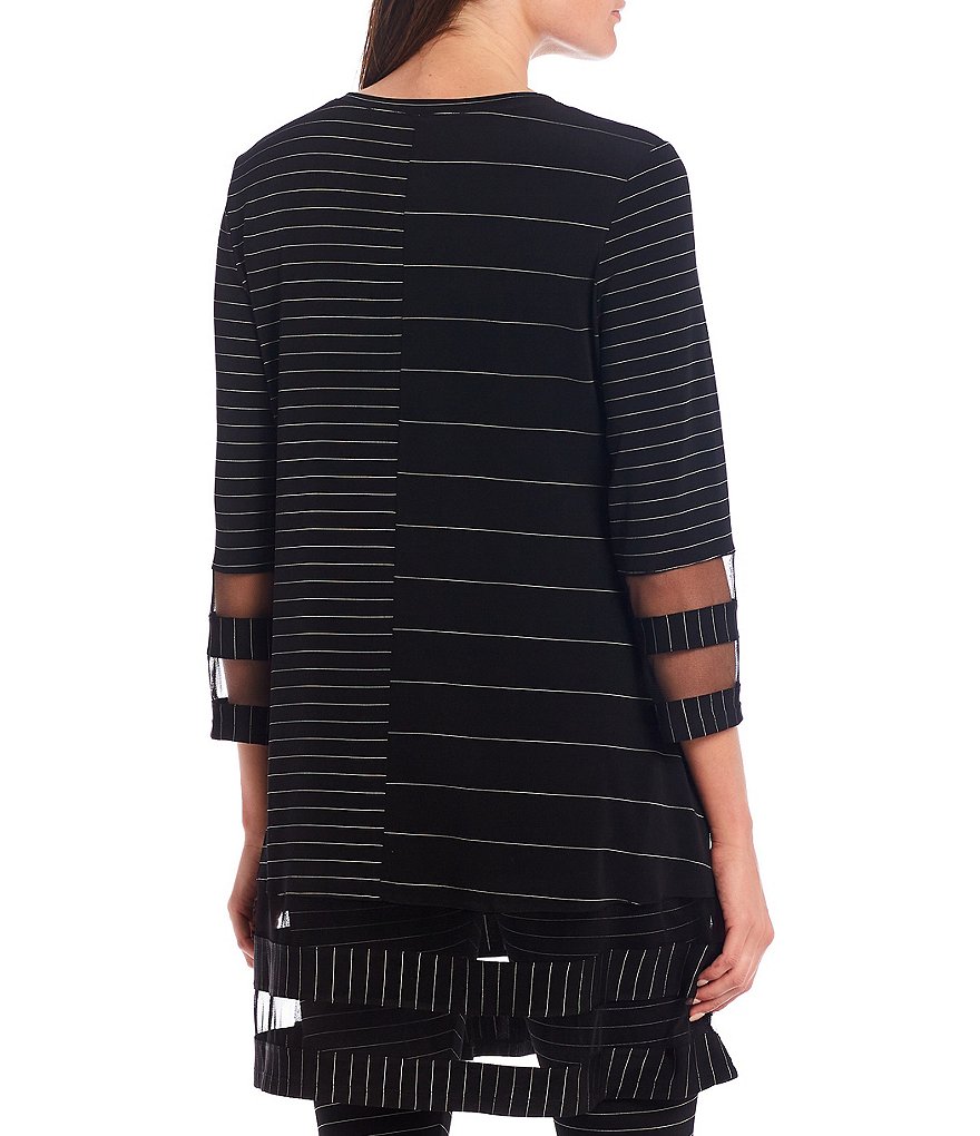 IC Collection Mesh Inset Stripe Mix Round Neck 3/4 Sleeve Top