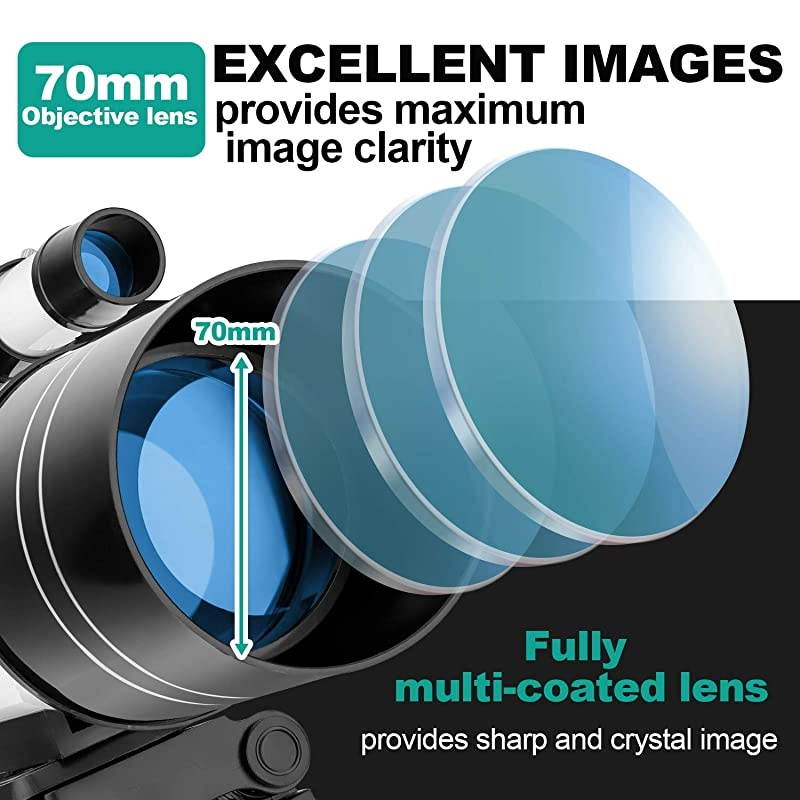 Telescope for Kids and Beginners, 70mm Refractor Telescope for Astronomy with Adjustable Tripod, Smartphone Adapter, Camera Shutter Wire Control, Backpack