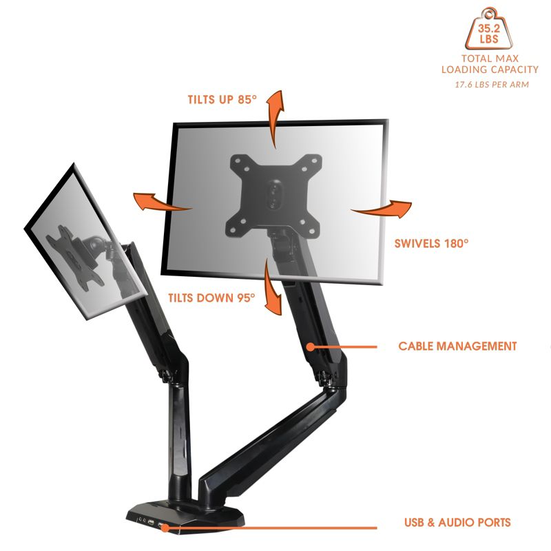 MegaMounts Fully Adjustable Tilt and Swivel Articulating Double Arm Monitor Desk Mount