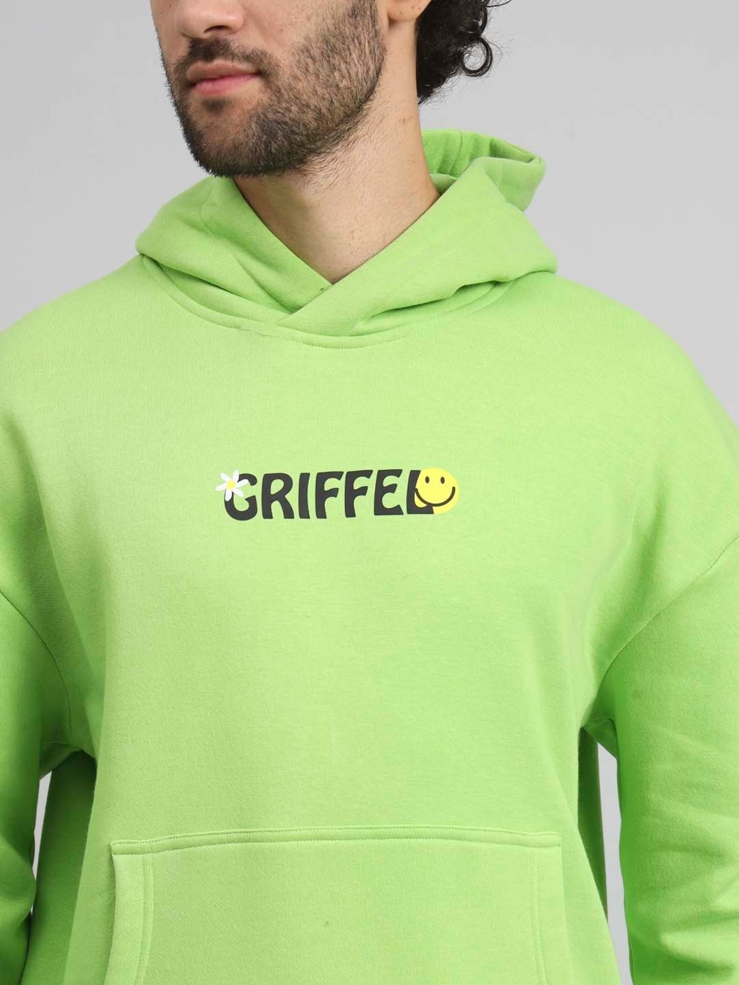 GRIFFEL Parrot Green & Black Loose Fit Printed Oversized Hooded Sweatshirt & Trackpants Set