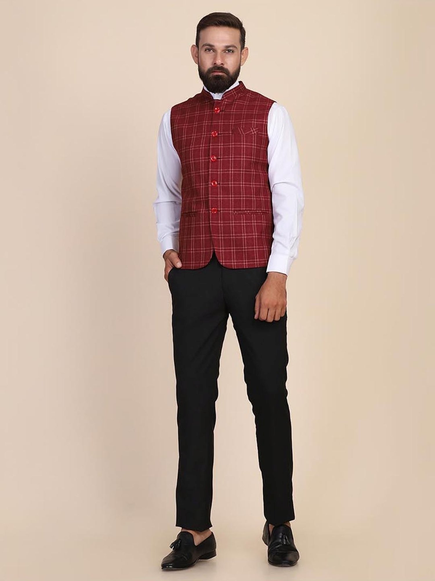 TAHVO Red Slim Fit Checks Nehru Jacket