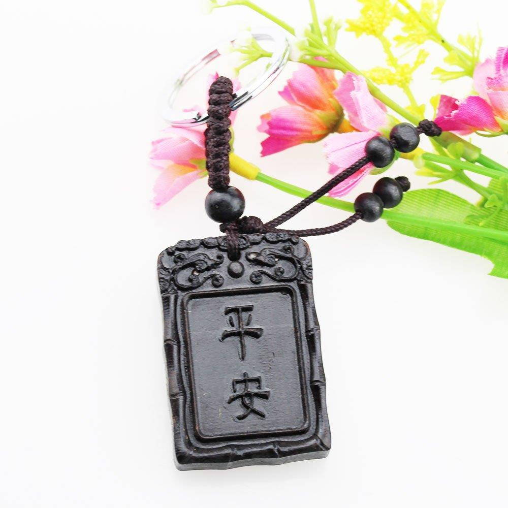 FOY-MALL Chinese Characters Peace Ebony Wood Carved Keychain for Keys M1257