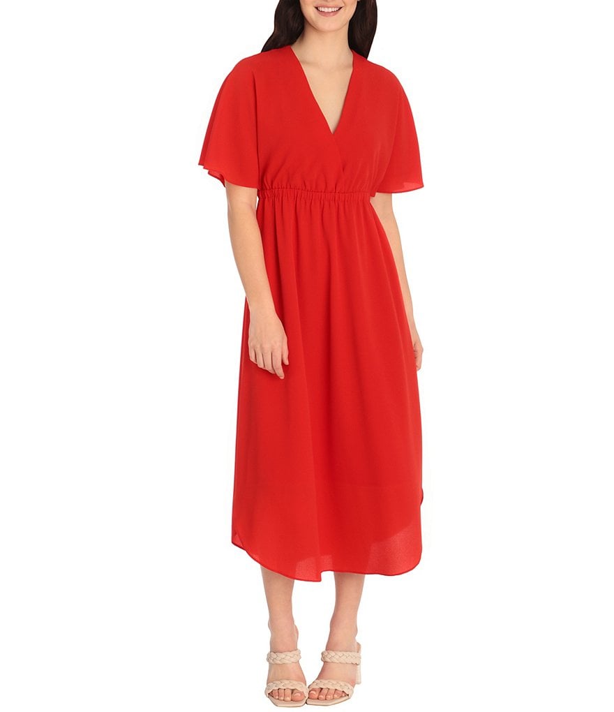 Maggy London Petite Size Kimono Sleeve Crepe V-Neck Midi Dress