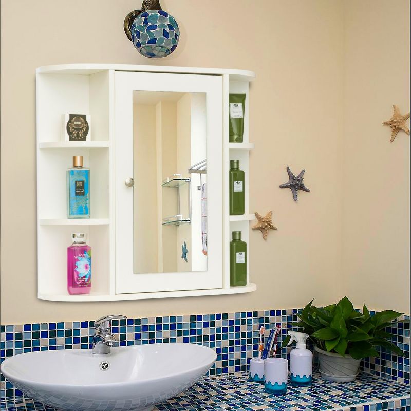 Basicwise White Wall Mounted Bathroom Storage Cabinet Organizer, Mirrored Vanity Medicine Chest with Open Shelves