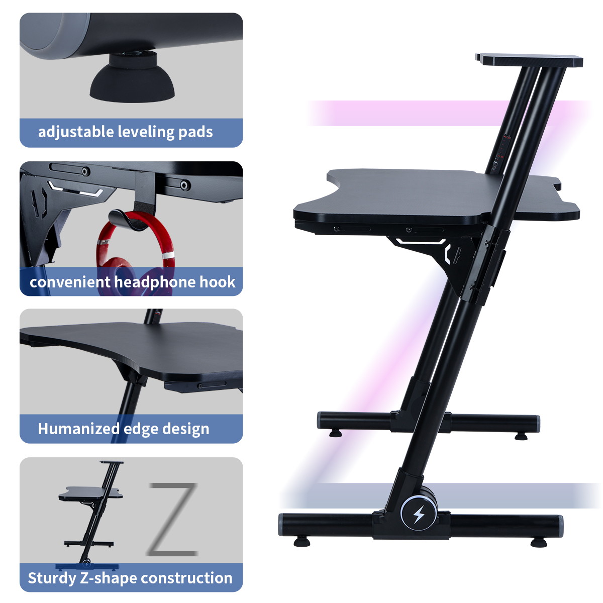 Home Office Gaming Desk/ Computer Desk /Z-Shaped PC Desk Workstation with Carbon Fiber Surface and Headphone Hook,Black