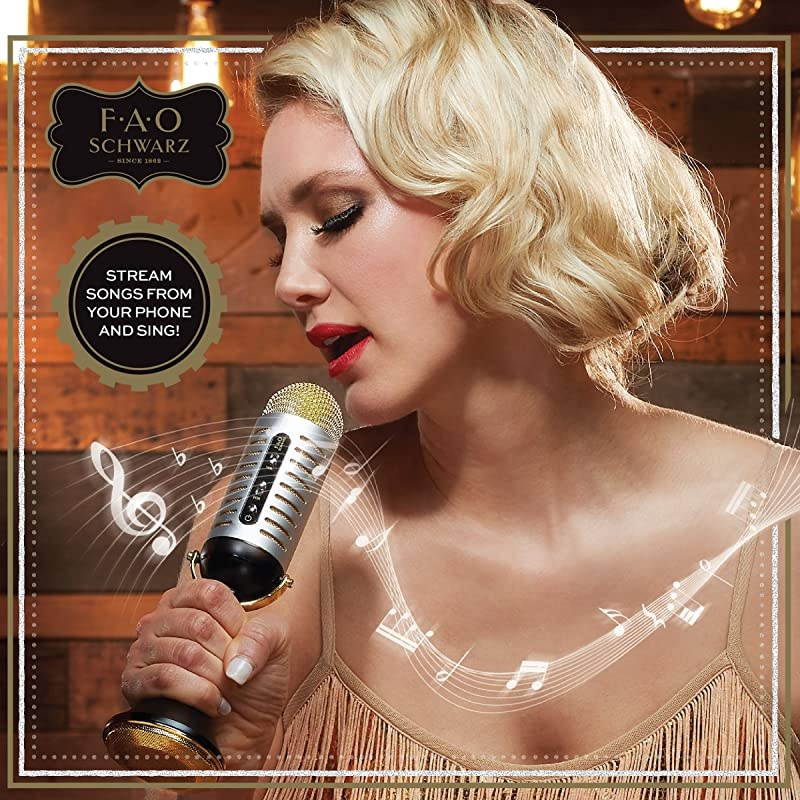 Karaoke Music Microphone w/Built-in Portable Handheld Speaker for Parties, Bluetooth & Smartphone Compatible, Vintage 20s Ribbon Style, USB, AUX Cable & Headphone Jacks, Rechargeable